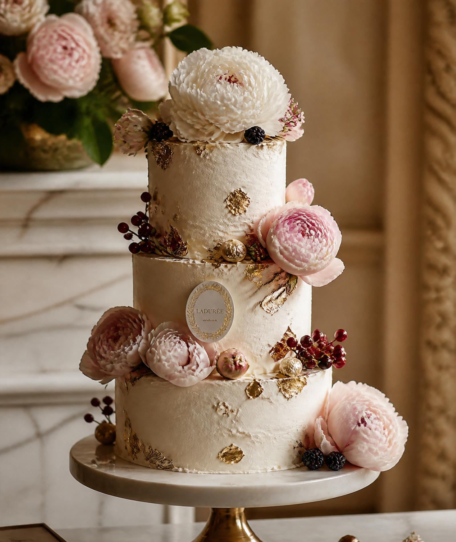 Hochzeitstorte mit Pfingstrosen und Blattgold von Madame Gâteaux